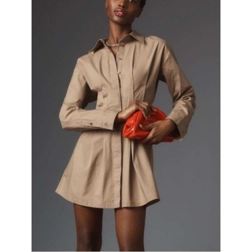 SALE! Pilcro x Anthropologie Taupe Brown Button-Front Mini Shirt Dress XS